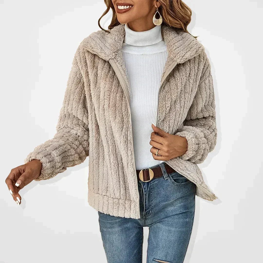 Lapel Collar Zip Front Plush Fleece Jacket