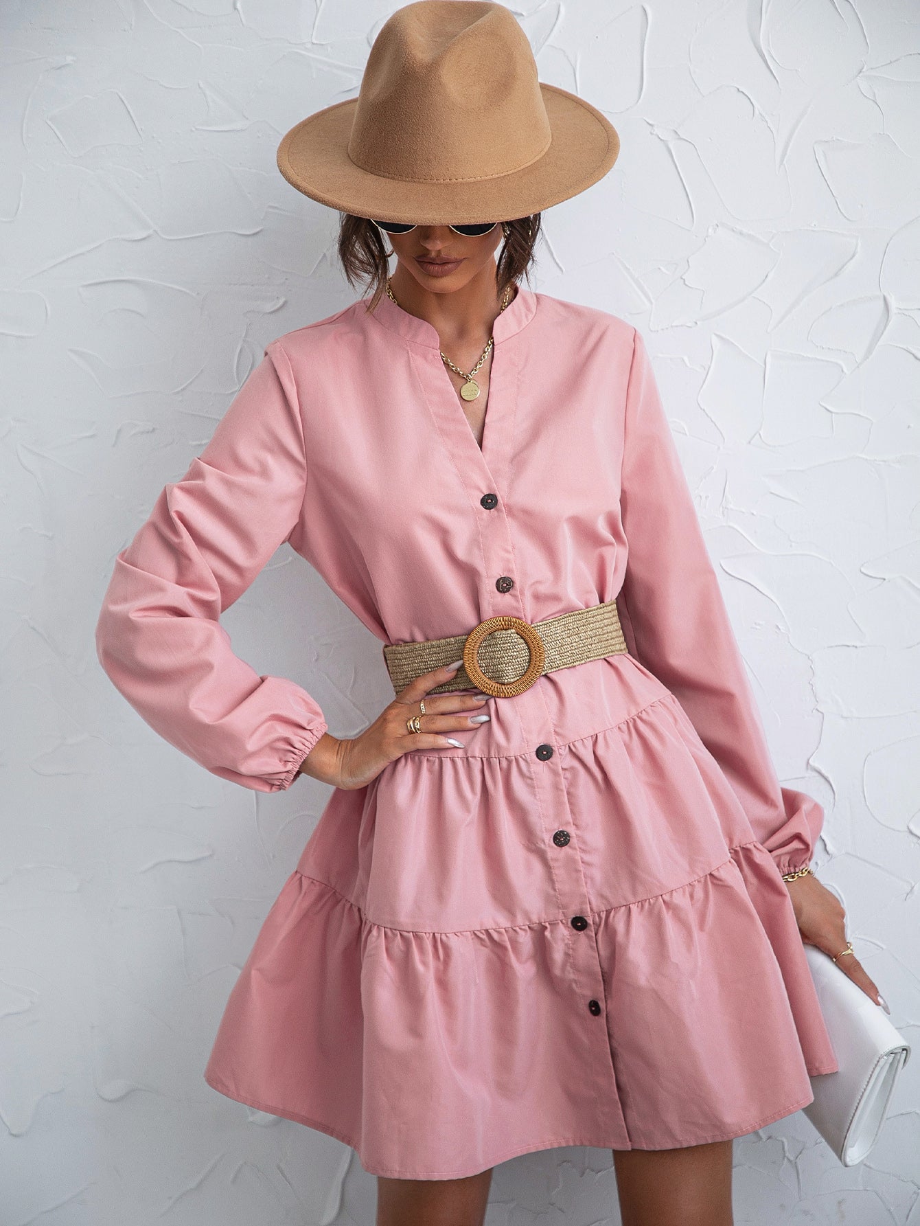 Notched Neck Button Front Dress Without Belt