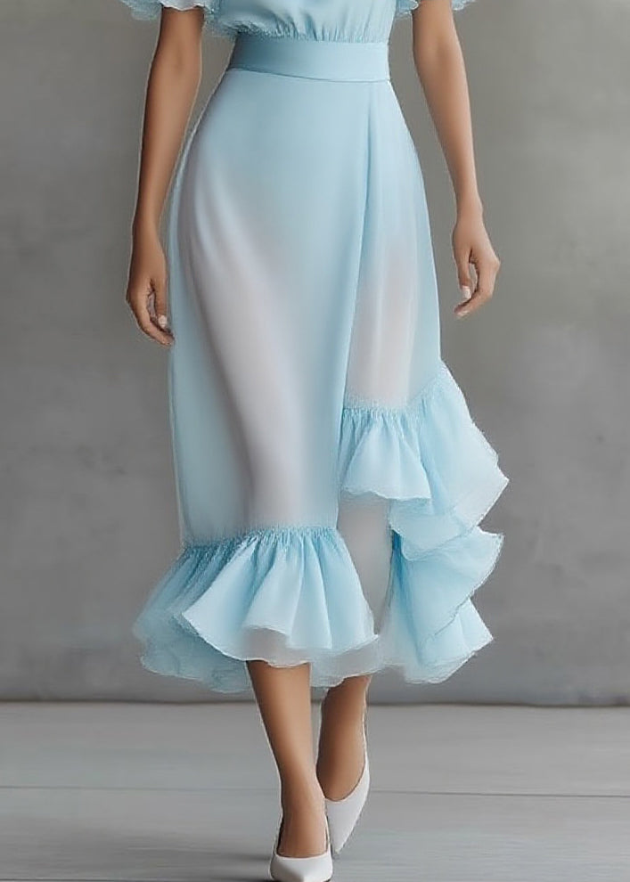 Novelty Blue Asymmetrical Patchwork Solid Chiffon Maxi Dress Butterfly Sleeve 4