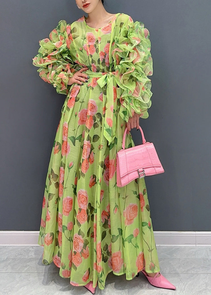 Rose Print Chiffon Ruffle Long Sleeve Tie Waist Maxi Dress