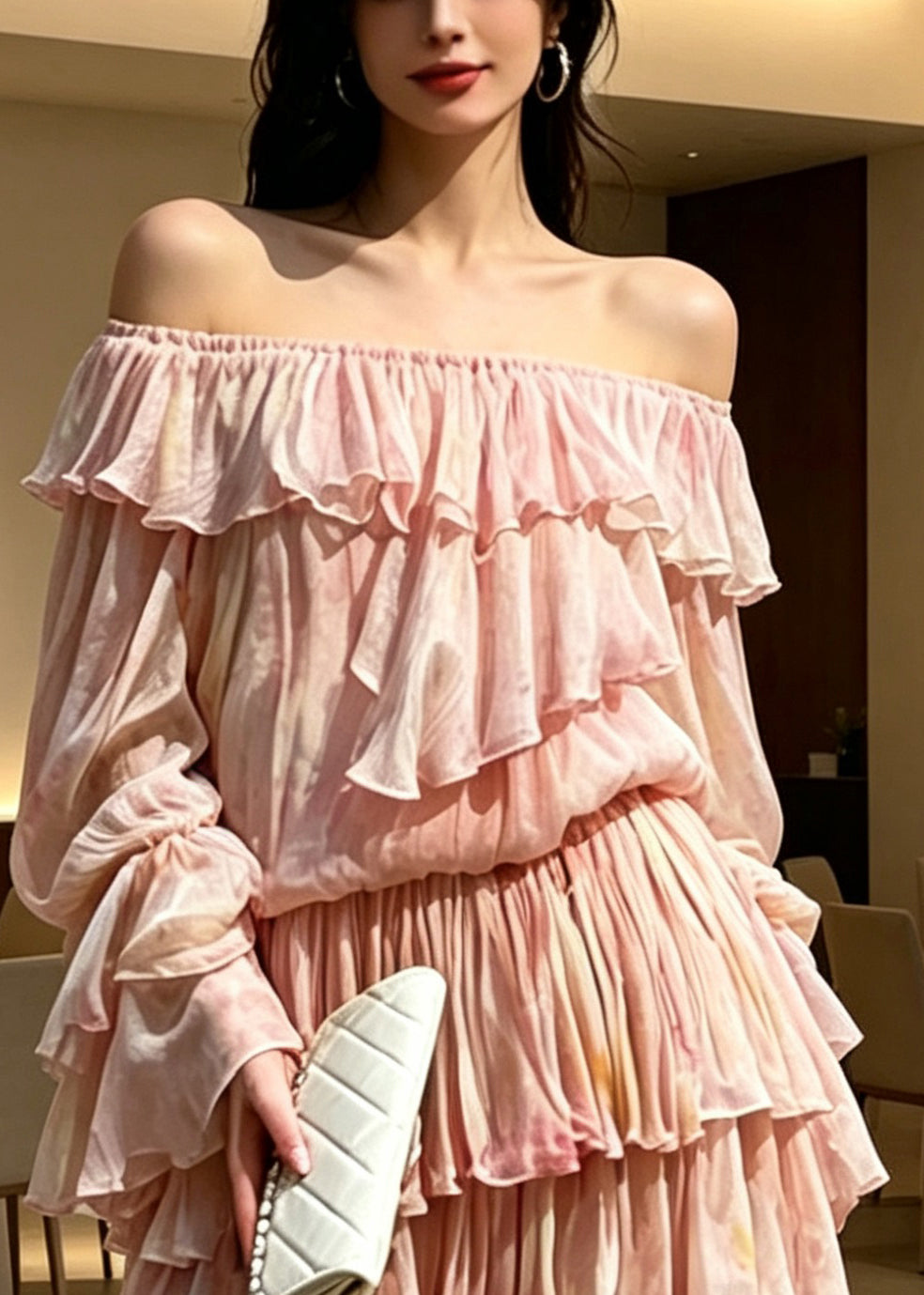 Novelty Pink Ruffled Patchwork Cold Shoulder Chiffon Mid Dress Long Sleeve 2