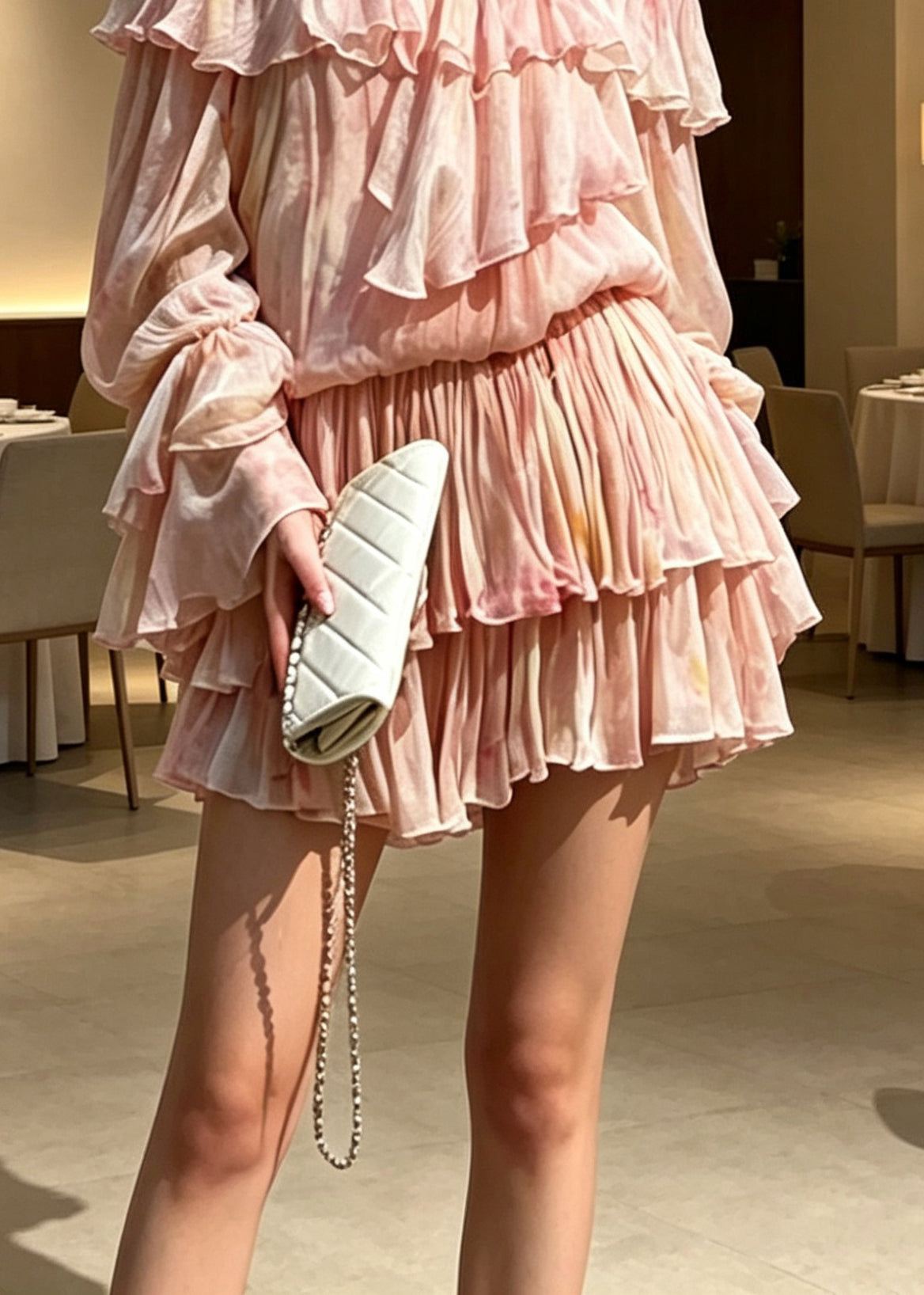 Novelty Pink Ruffled Patchwork Cold Shoulder Chiffon Mid Dress Long Sleeve 4