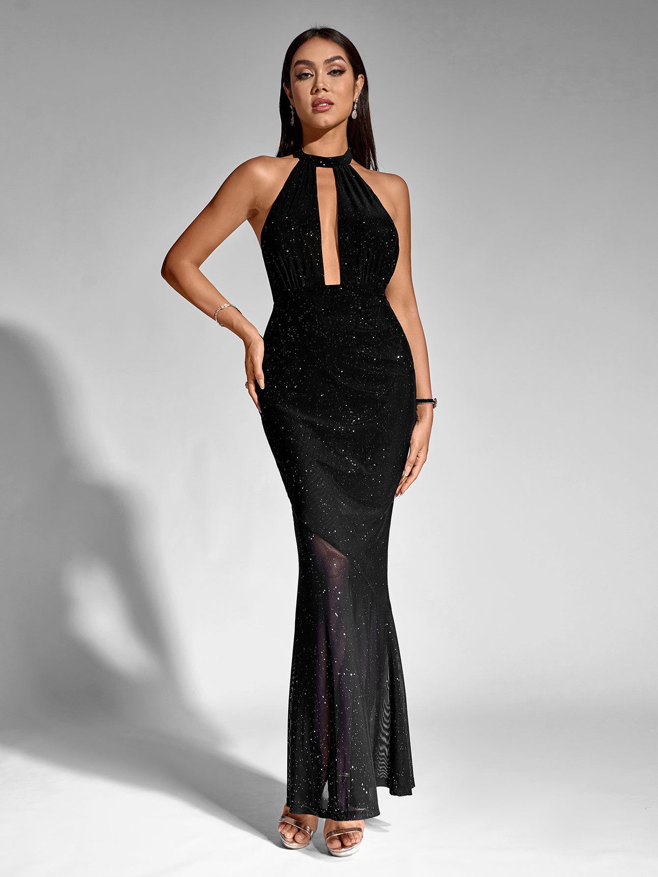 O-Neck Cut Out Mesh Sequin Mermaid Dress - View 5