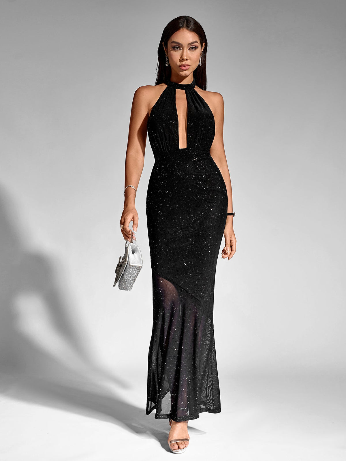Halter Neck Keyhole Cut Out Glitter Mesh Mermaid Maxi Dress