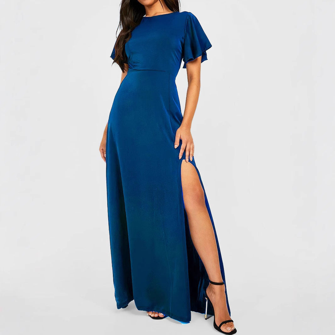 Round Neck Flutter Sleeve High Split A-Line Maxi Dress 4