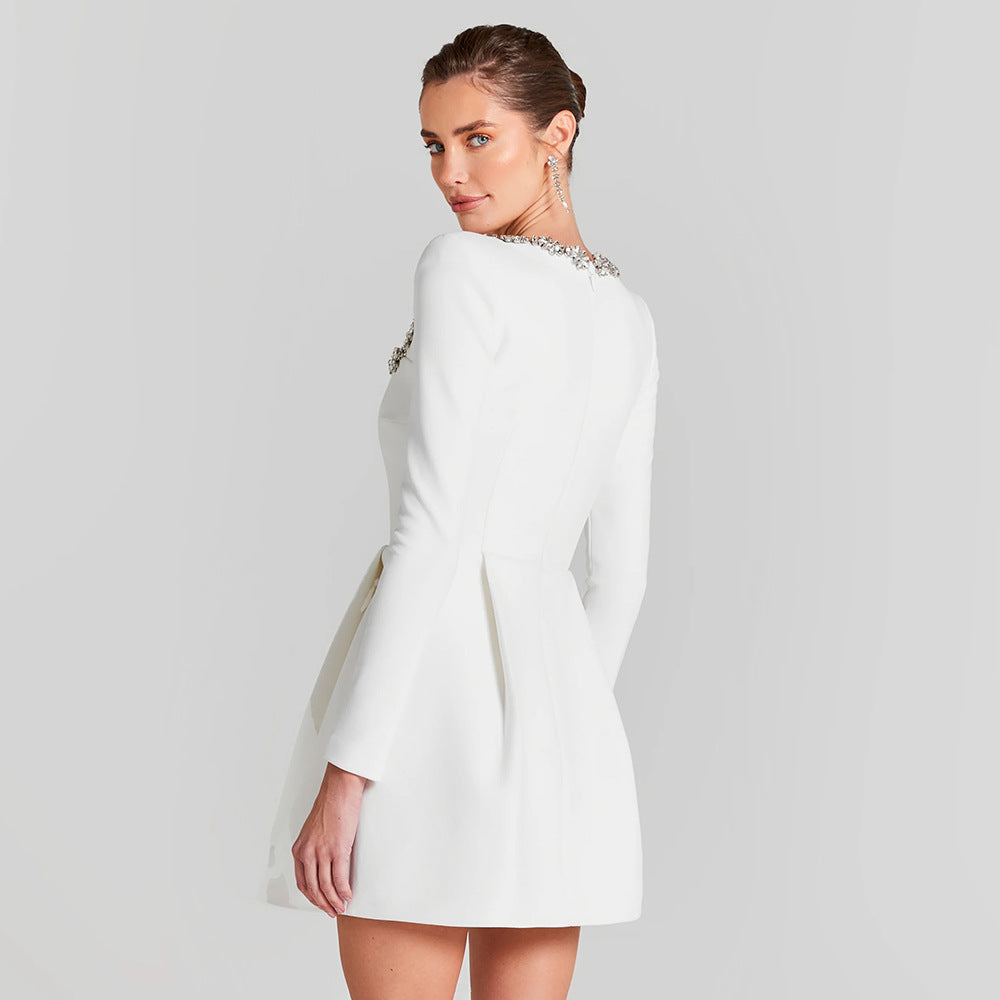 Rhinestone Square Neck Long Sleeve Structured Shoulder A-Line Mini Dress