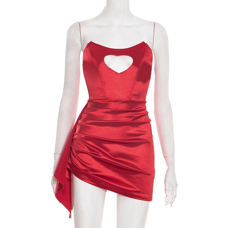 Satin Strapless Heart Cut Out Corset Ruched Side Drape Mini Dress 5