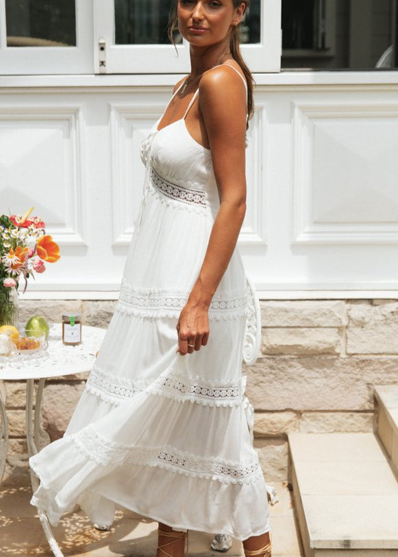 Aurelia Lace-Trim Maxi Dress White Smocked Sundress with Adjustable Straps