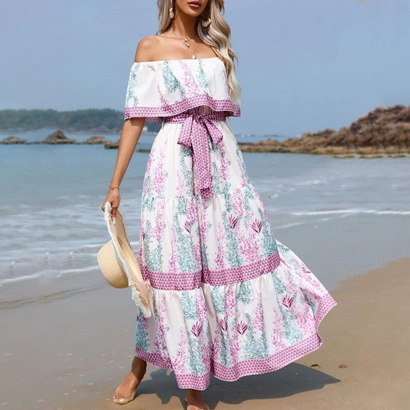 Off Shoulder Floral Ruffle Tiered Belted Maxi Dress 15