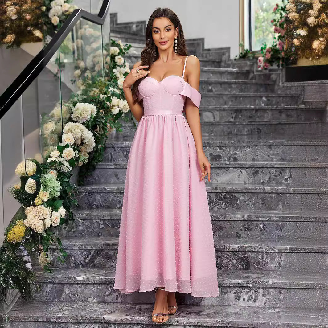 Swiss Dot Sweetheart Bustier Off Shoulder Drape Pleated A-Line Maxi Gown