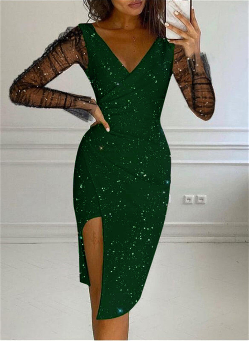 Glitter Star Print Mesh Long Sleeve Deep V-Neck Wrap Cocktail Dress