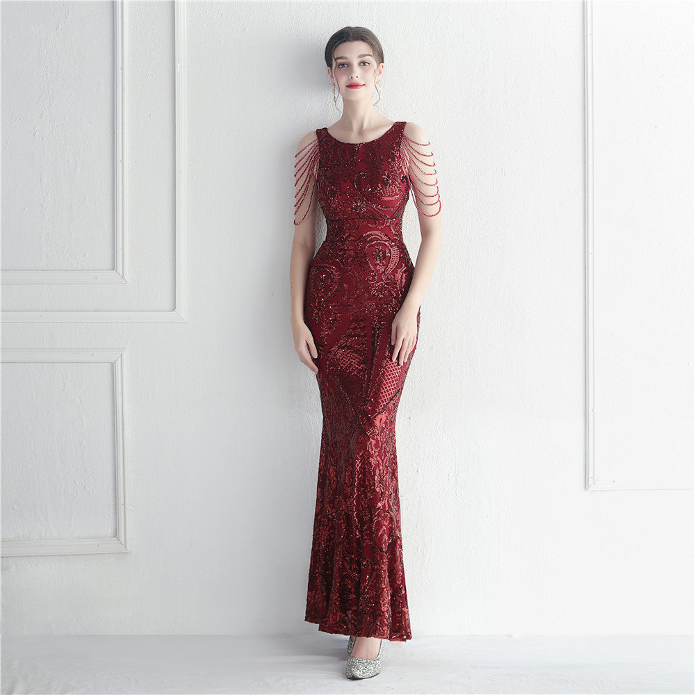 Sequin Beaded Round Neck Fringe Mermaid Maxi Gown