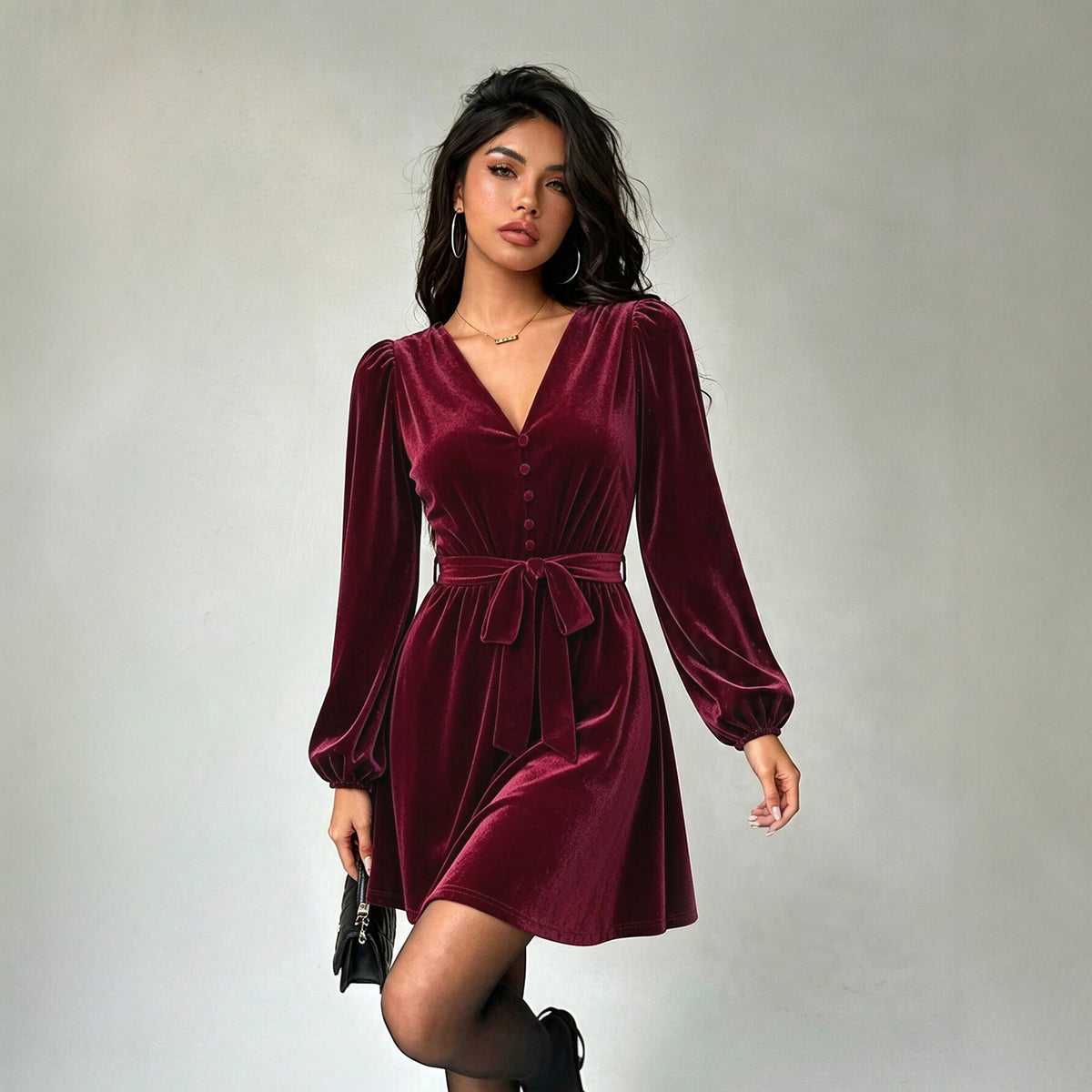 Women Clothing V neck Velvet Dress Women Lace up Waist Controlled Slimming Puff Sleeve A line Dress