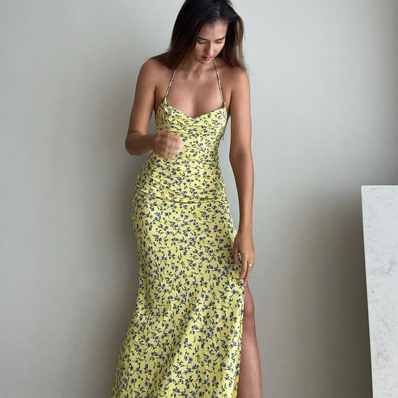 Halter Neck Floral High Split Backless Slip Maxi Dress