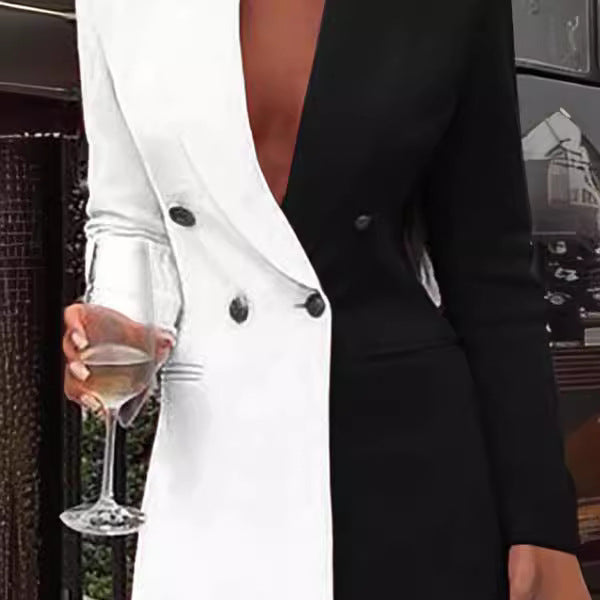 Double Breasted Flap Pocket Long Sleeve Deep V-Neck Blazer Mini Dress