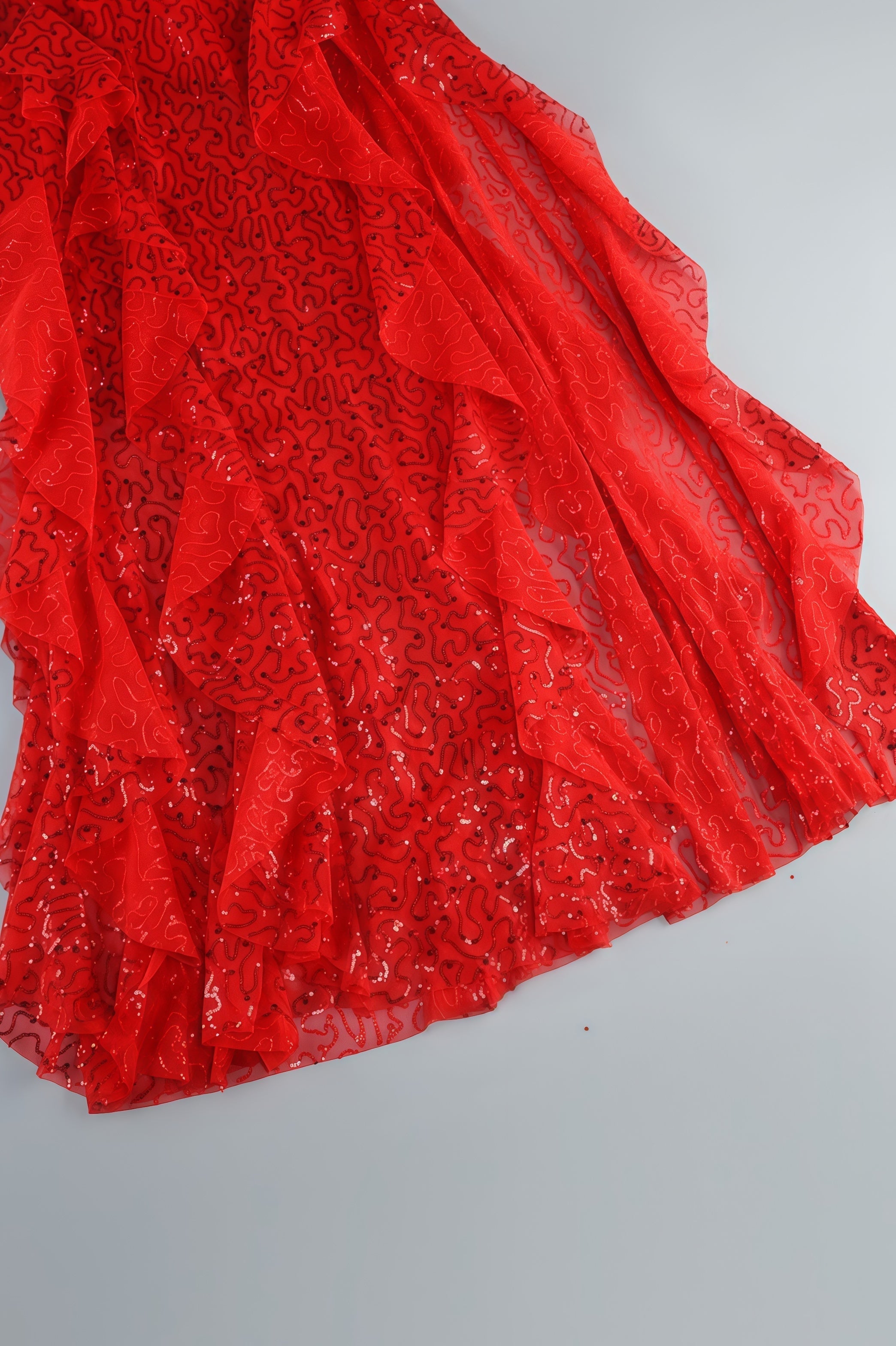 Sequin Spaghetti Strap Sweetheart Ruffle High Low Maxi Dress