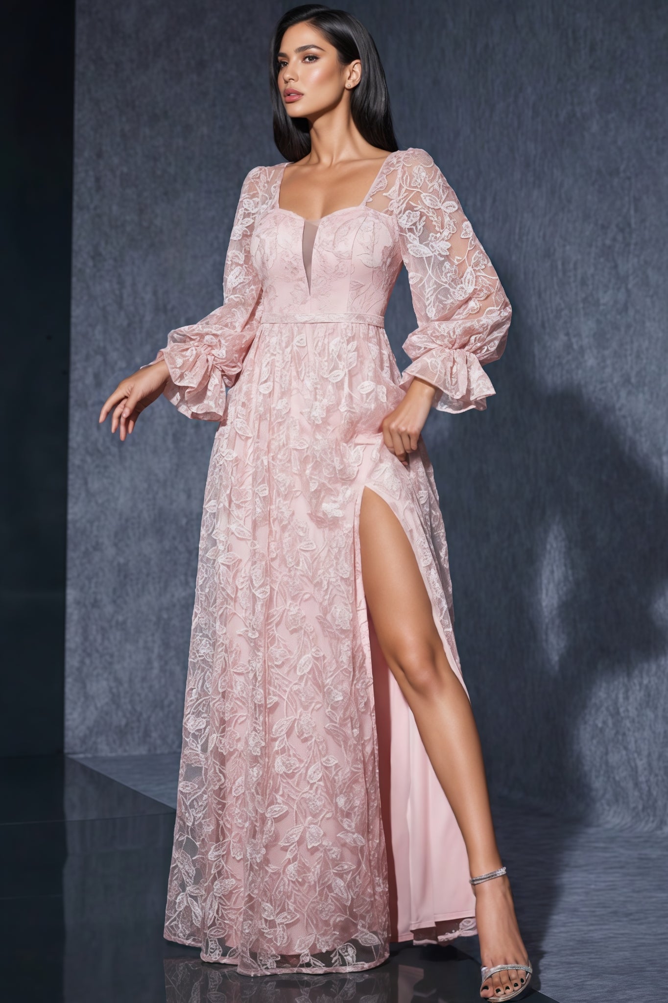 Zaria Pink Lace High Slit Maxi Dress - View 4