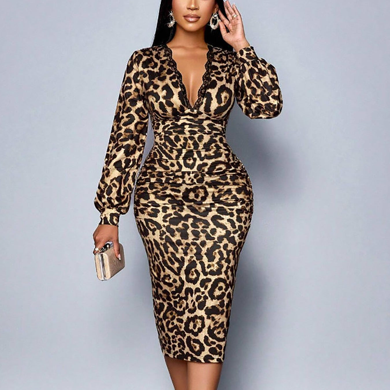 Leopard V-Neck Long Sleeve Lace Trim Ruched Bodycon Midi Dress