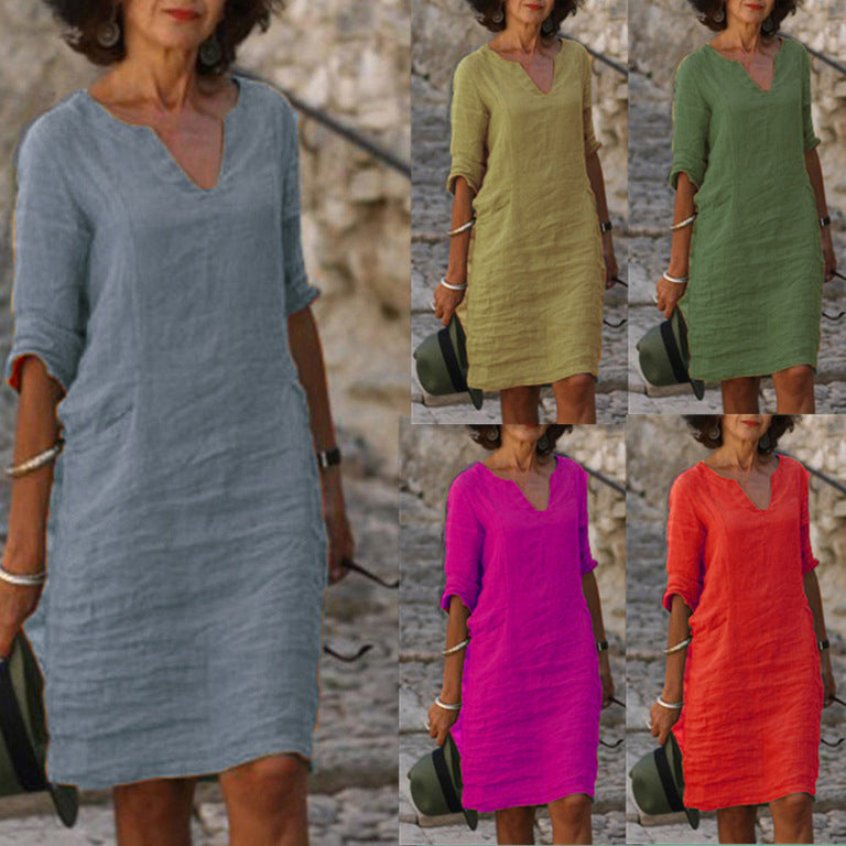 Split Neck Short Sleeve Pocket Shift Midi Dress