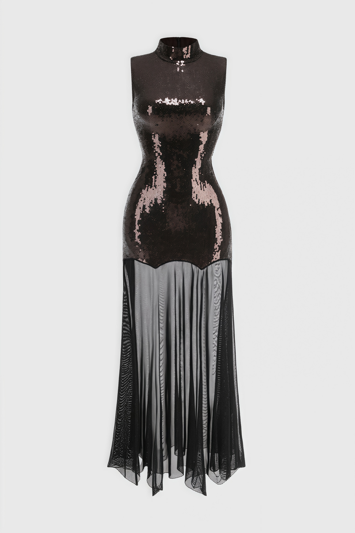 Sequin High Neck Sleeveless Sheer Mesh Hem Maxi Dress 4