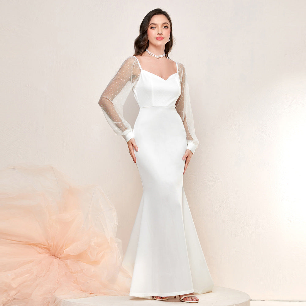 Swiss Dot Mesh Puff Sleeve Sweetheart Mermaid Maxi Gown