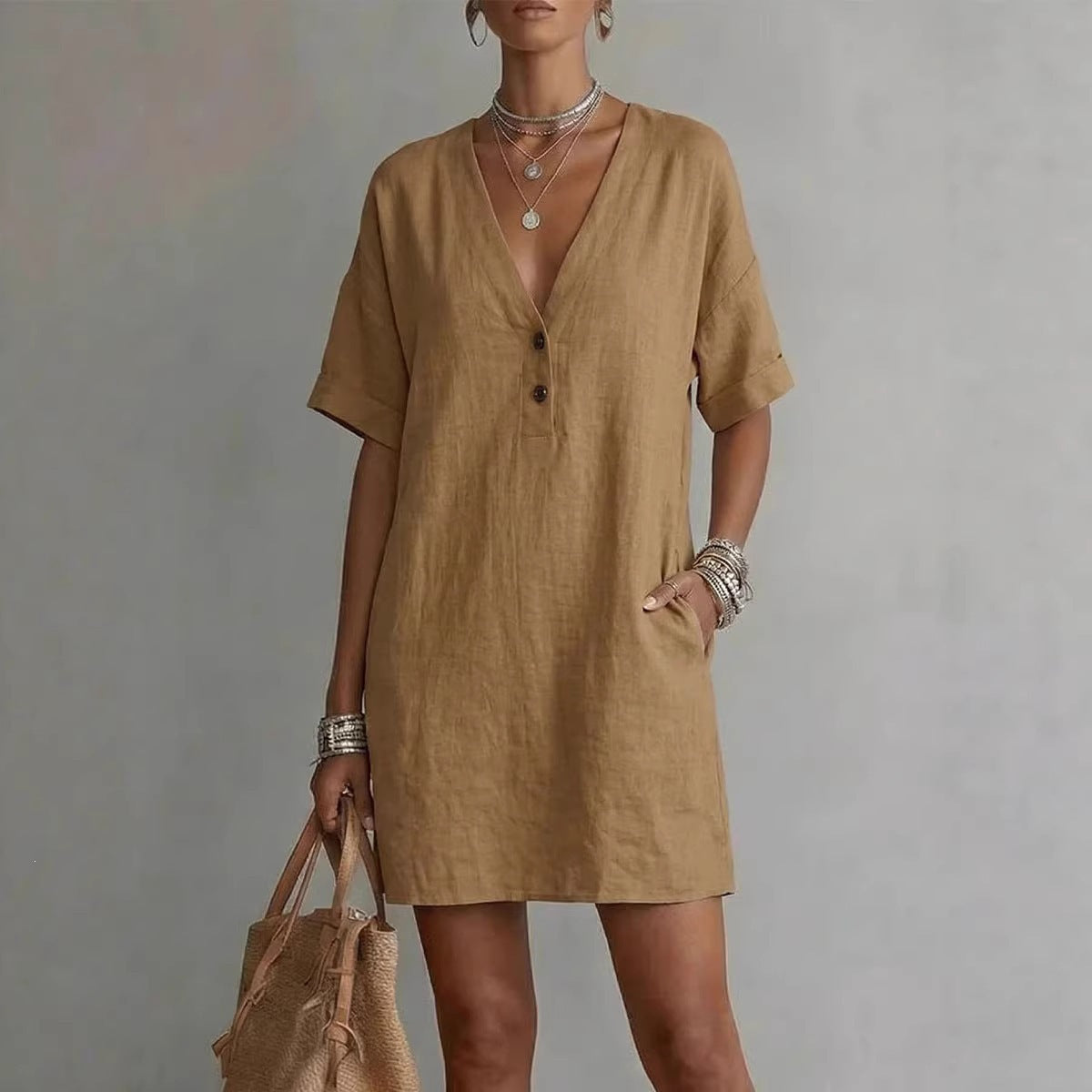 V-Neck Short Sleeve Button Front Shift Mini Dress 7