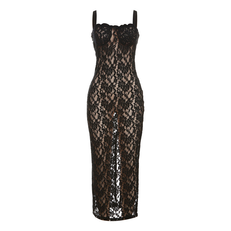 Lace Spaghetti Strap Sweetheart Scalloped Trim Bodycon Maxi Gown