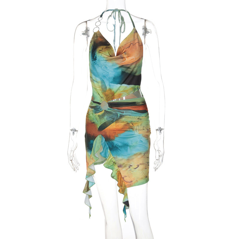 Abstract Print Mesh O Ring Cut Out Ruffle Hem Mini Dress 9
