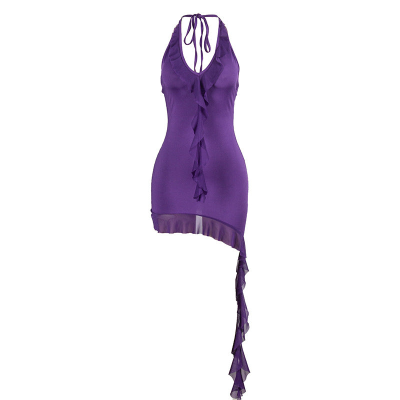 Solid Color Sleeveless Halter Lace Up Wooden Ear Mesh Stitching Dress - View 5