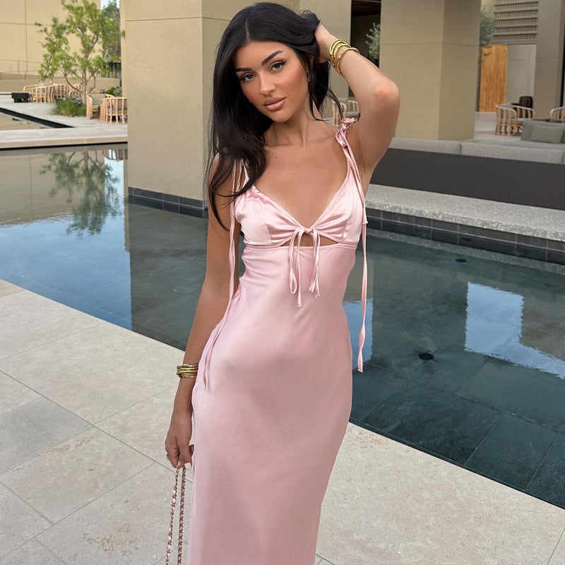Satin V-Neck Tie Front Cut Out Tie Shoulder Slip Midi Dress