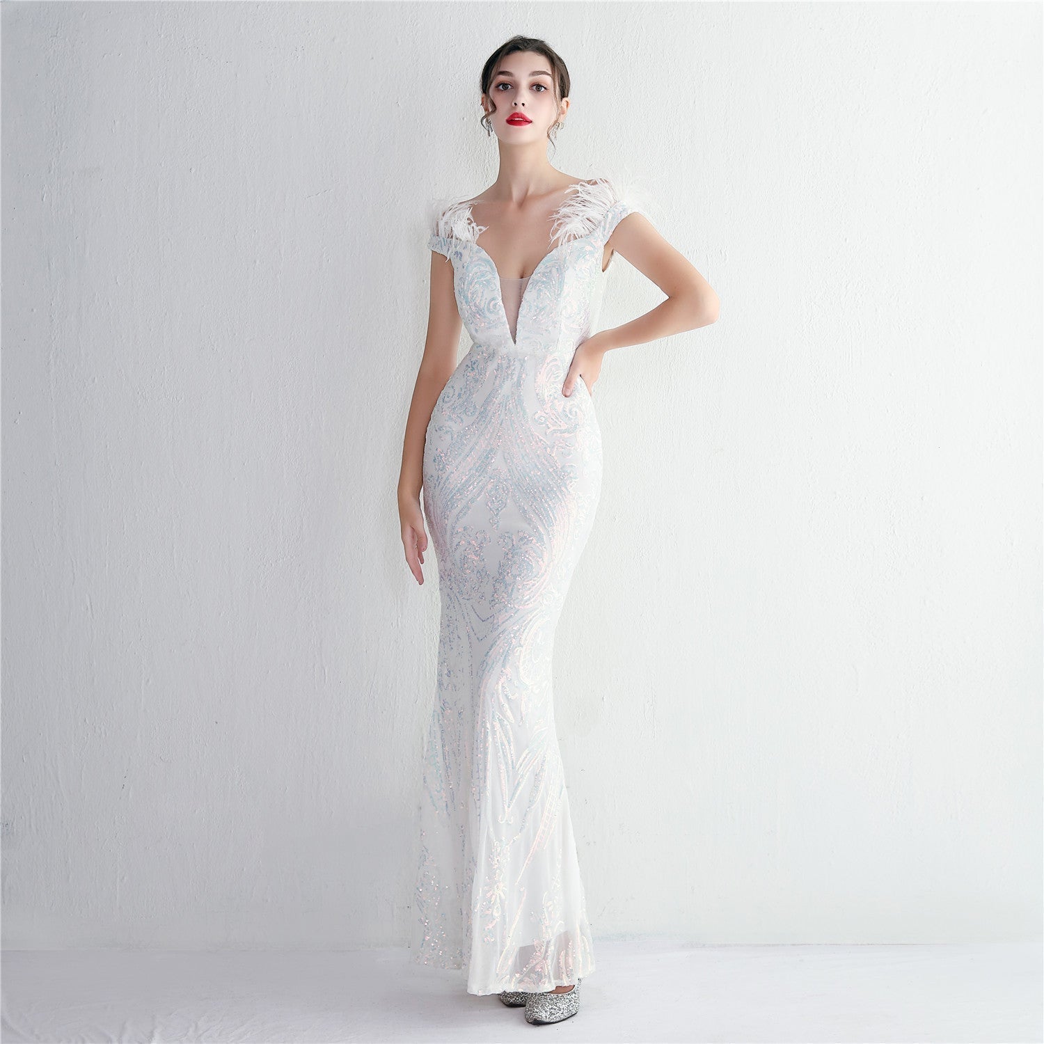 Off Shoulder Feather Deep V-Neck Sequin Mermaid Gown