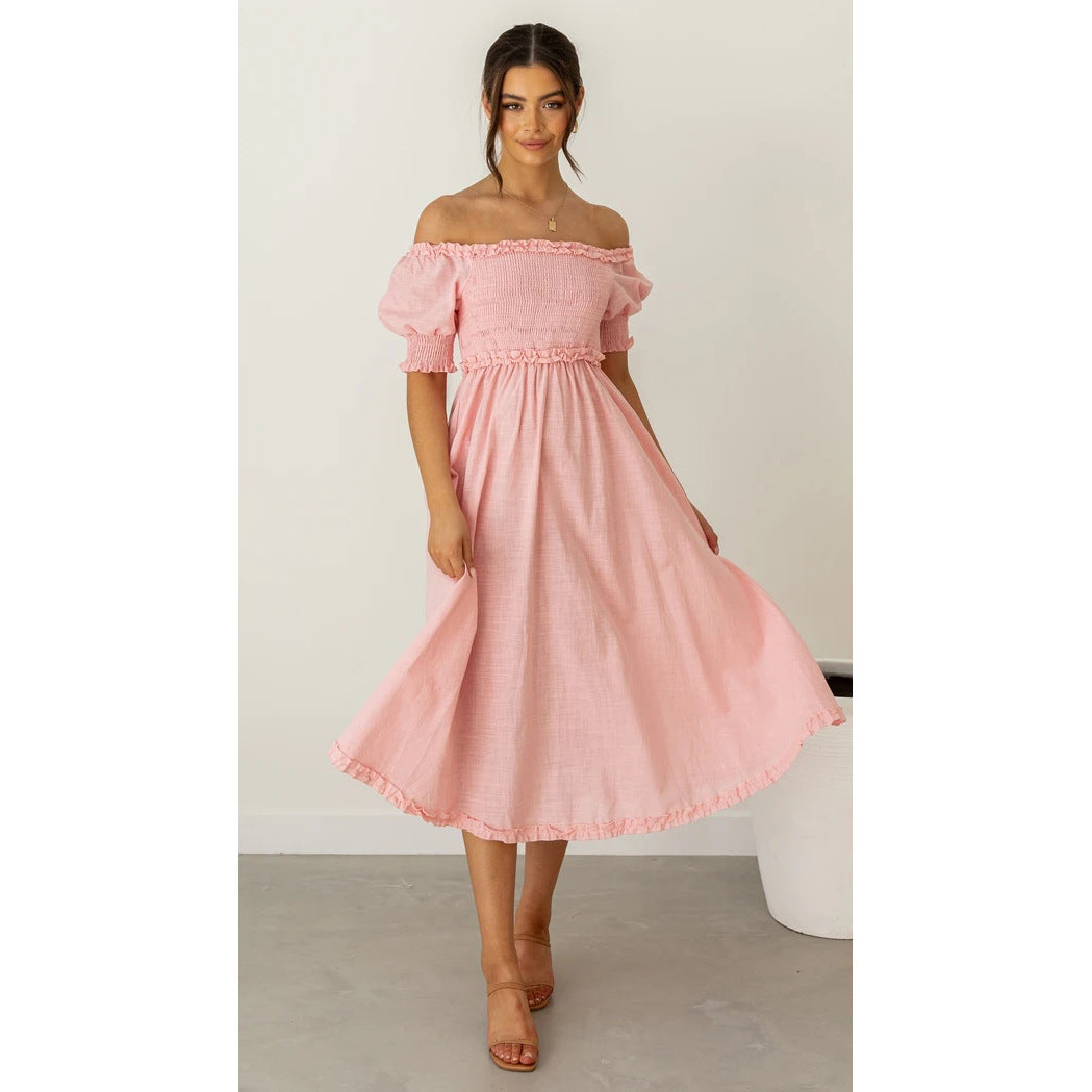Off Shoulder Smocked Puff Sleeve Ruffle Hem Midi Dress