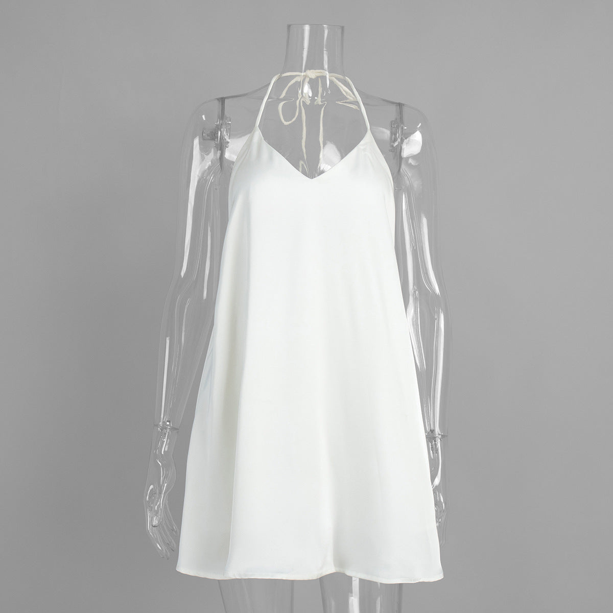Satin V-Neck Halter Backless Swing Mini Slip Dress 2