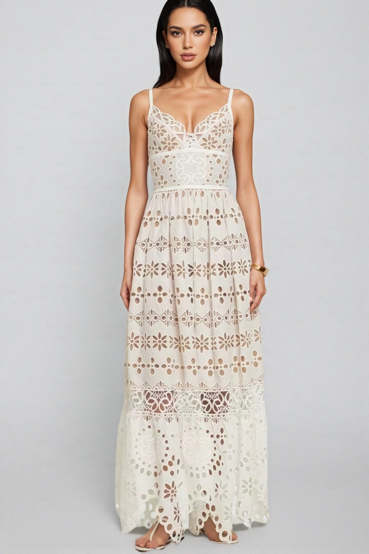 Eyelet Lace V-Neck Sleeveless Scalloped Hem Tiered Maxi Dress