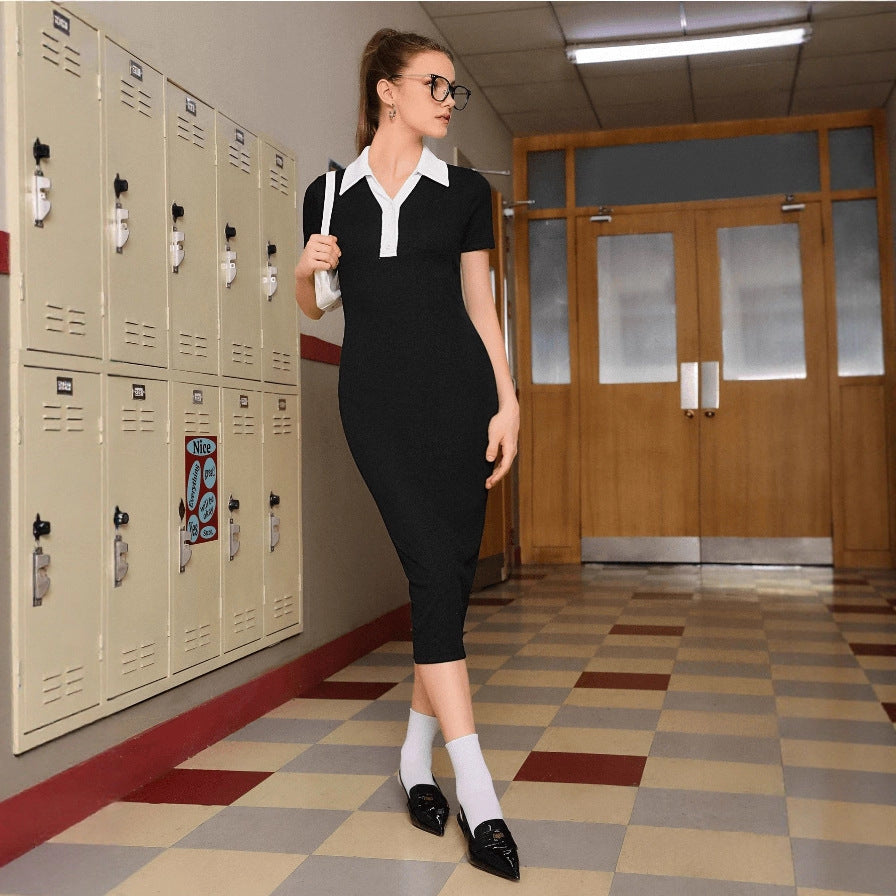 Contrast Polo Collar Short Sleeve Button Placket Ribbed Knit Bodycon Midi Dress 2