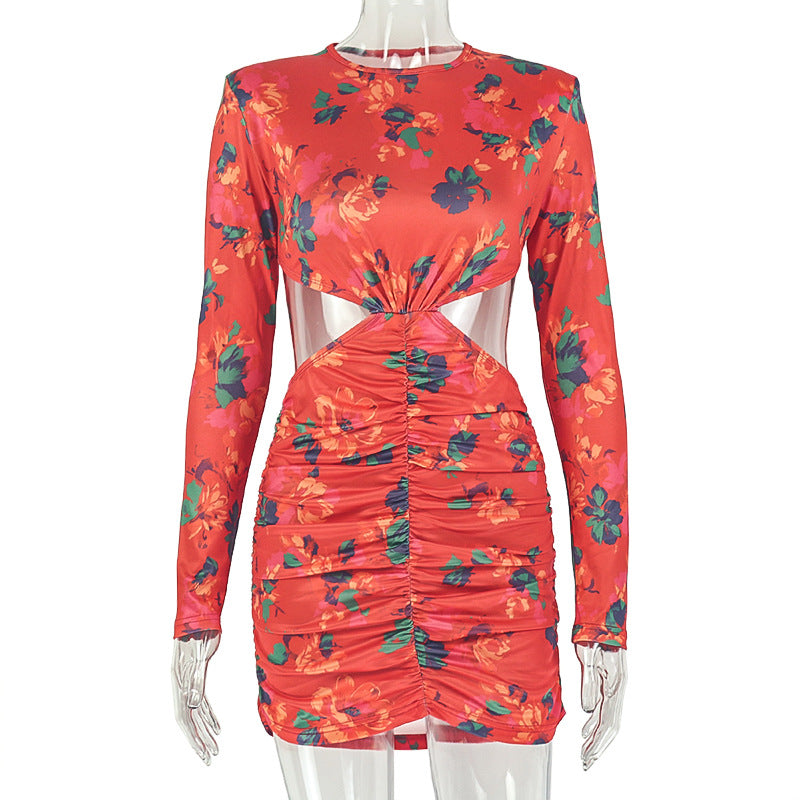 Floral Print Mock Neck Long Sleeve Cut Out Ruched Bodycon Mini Dress 2