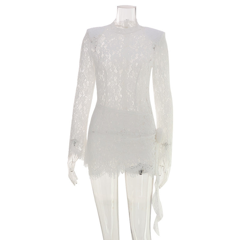 Lace Mock Neck Long Sleeve Ruched Side Tie Bodycon Mini Dress 4