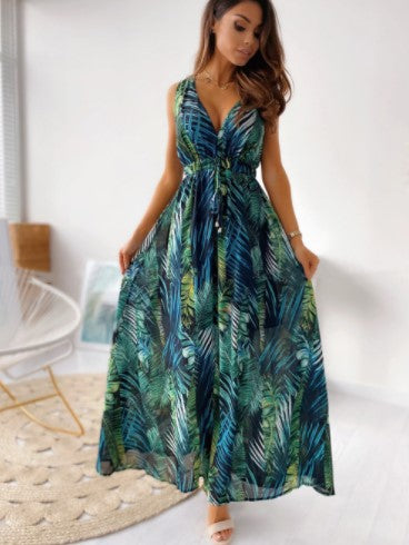 Fátima Effortless Bohemian Maxi Dress for Women with Deep V Neck and Tie Belt Evening Wear Edit