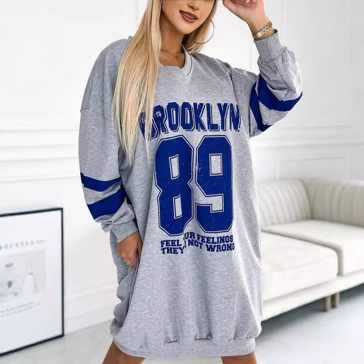 Oversized Varsity Letter Print Striped Sleeve Sweatshirt Dress