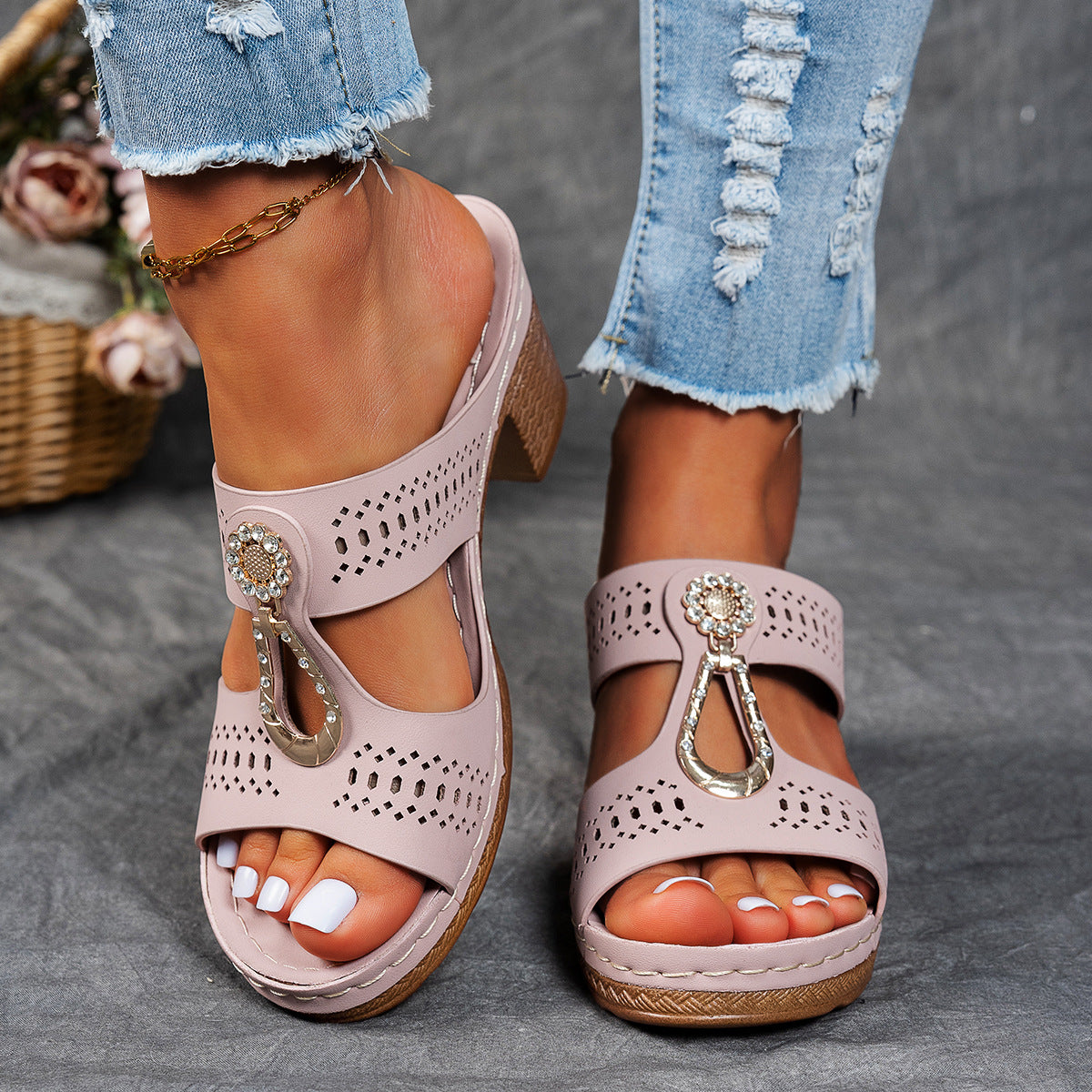 Open Toe Cut Out Embellished Block Heel Platform Slides