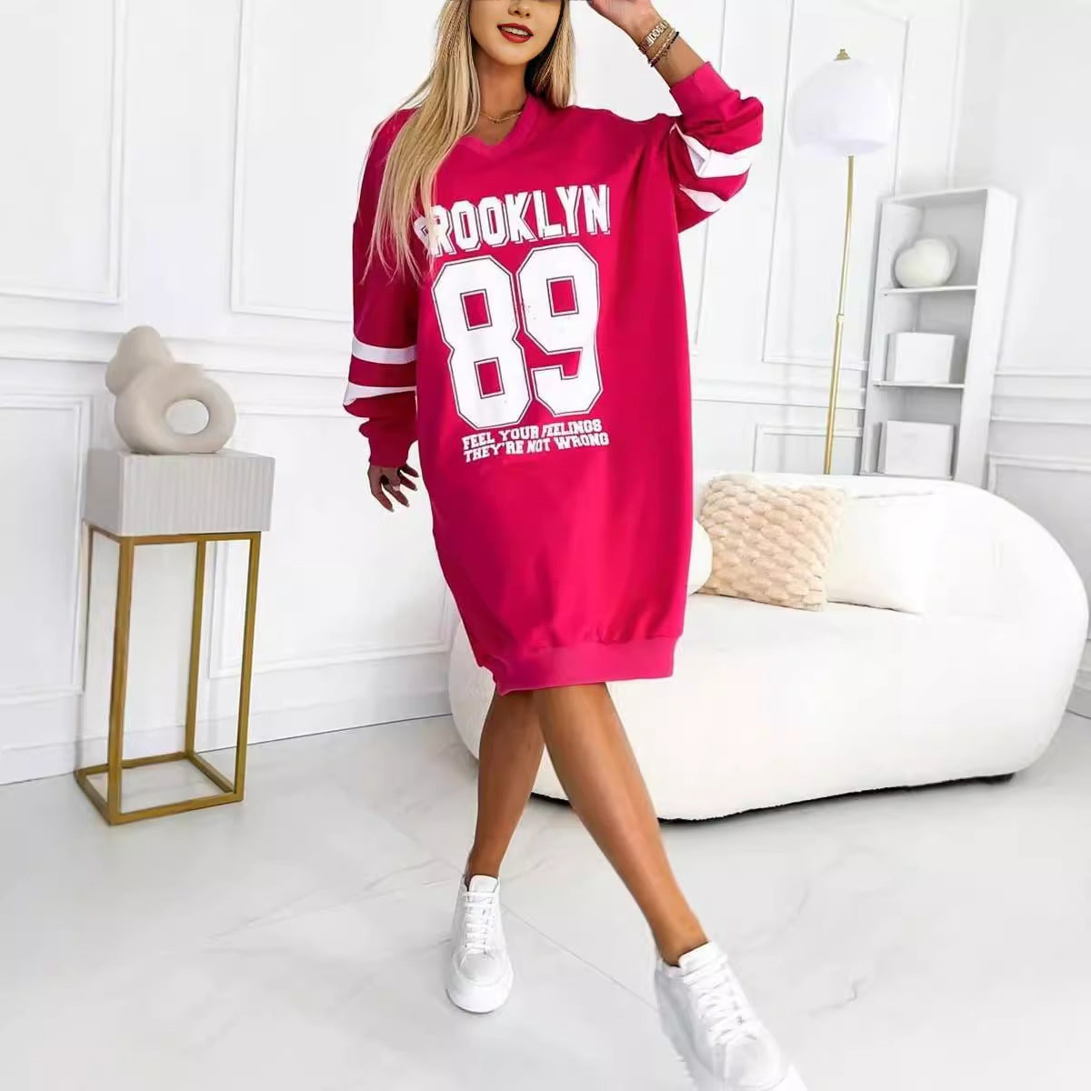 Oversized Varsity Letter Print Striped Sleeve Sweatshirt Dress 3