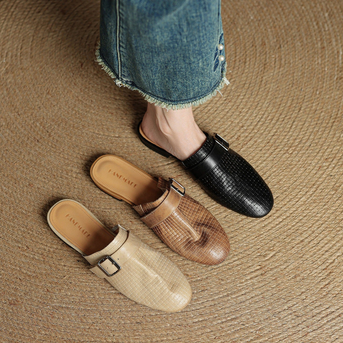 Croc Print Square Toe Buckle Flat Mules