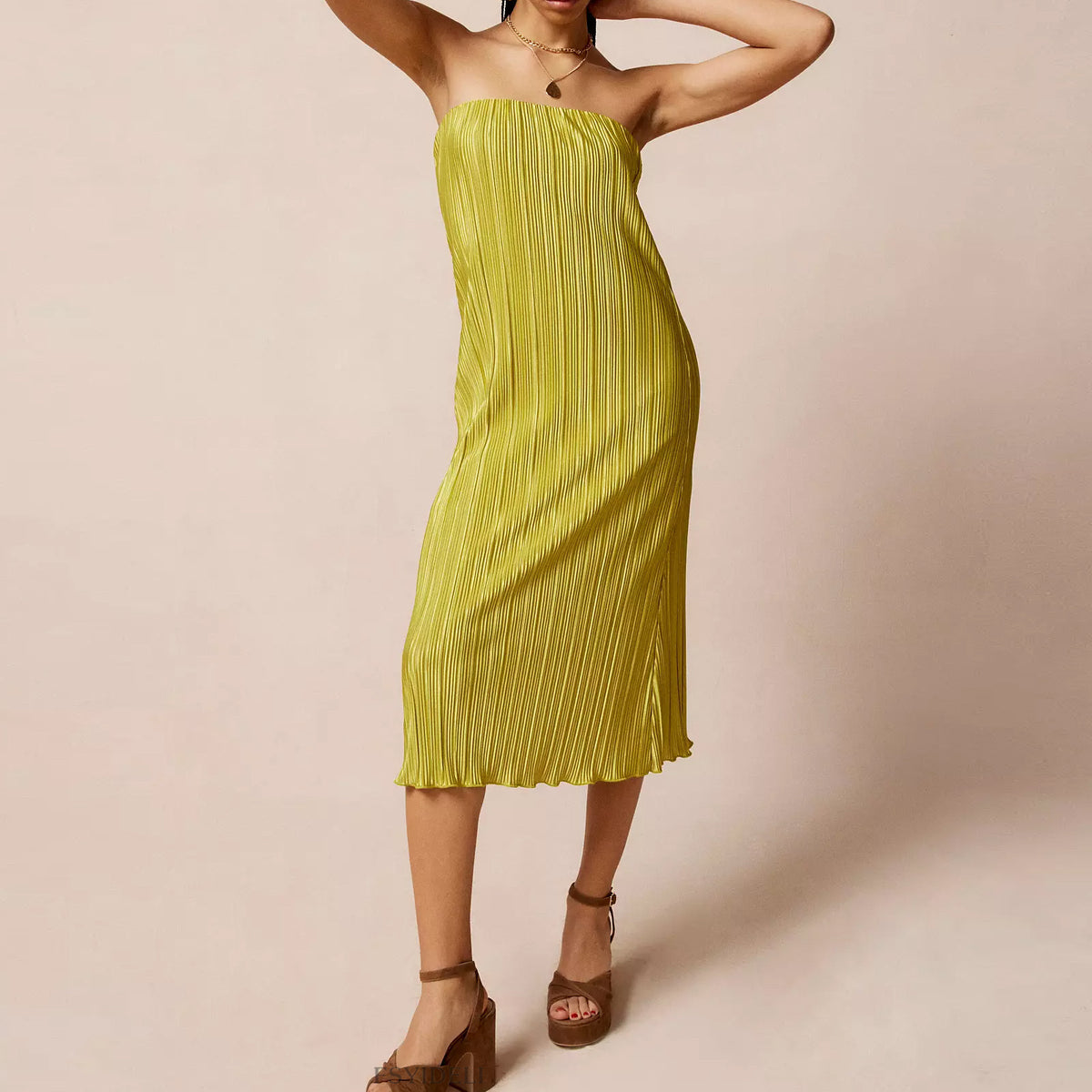 Plisse Pleated Strapless Tube Straight Midi Dress 5