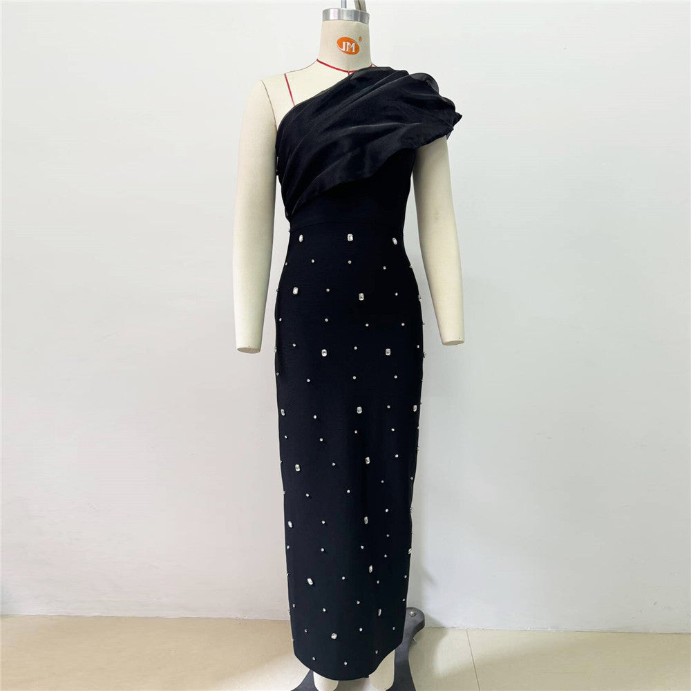 One Shoulder Ruffle Rhinestone Embellished Bandage Column Maxi Gown