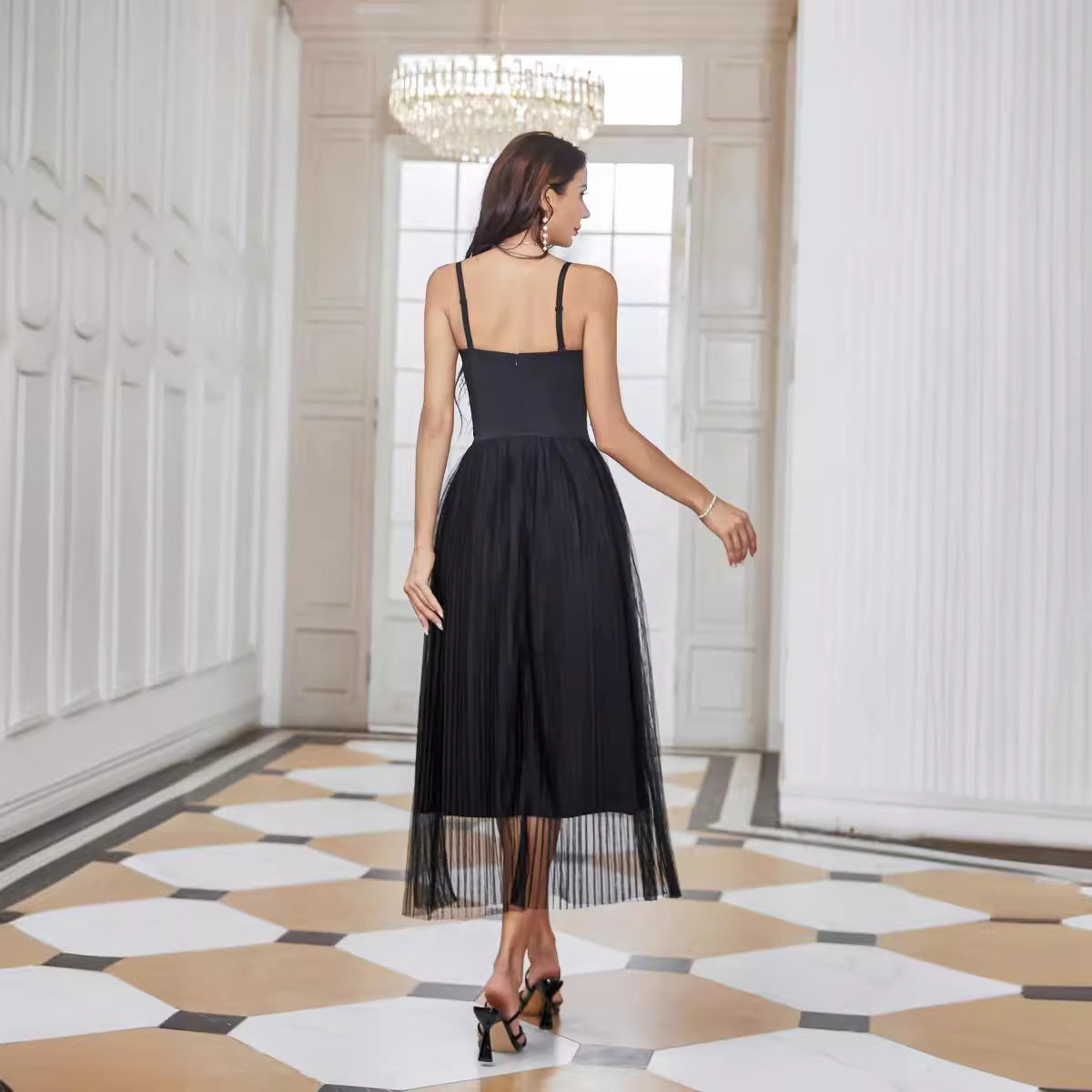 Feather Pearl Sweetheart Pleated Tulle Midi Dress