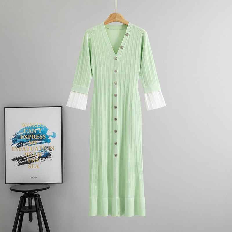 Early Autumn Classic Women Elegant Graceful Wind V neck Stitching Bell Sleeve Waist-Tight Slim Fit Knitted Dress