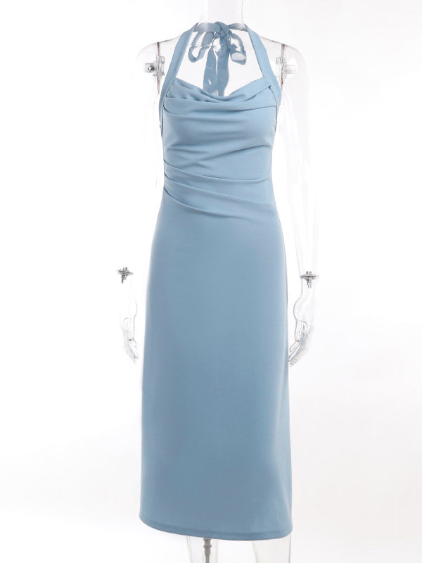 Halter Neck Cowl Front Ruched Waist Bodycon Midi Dress 4
