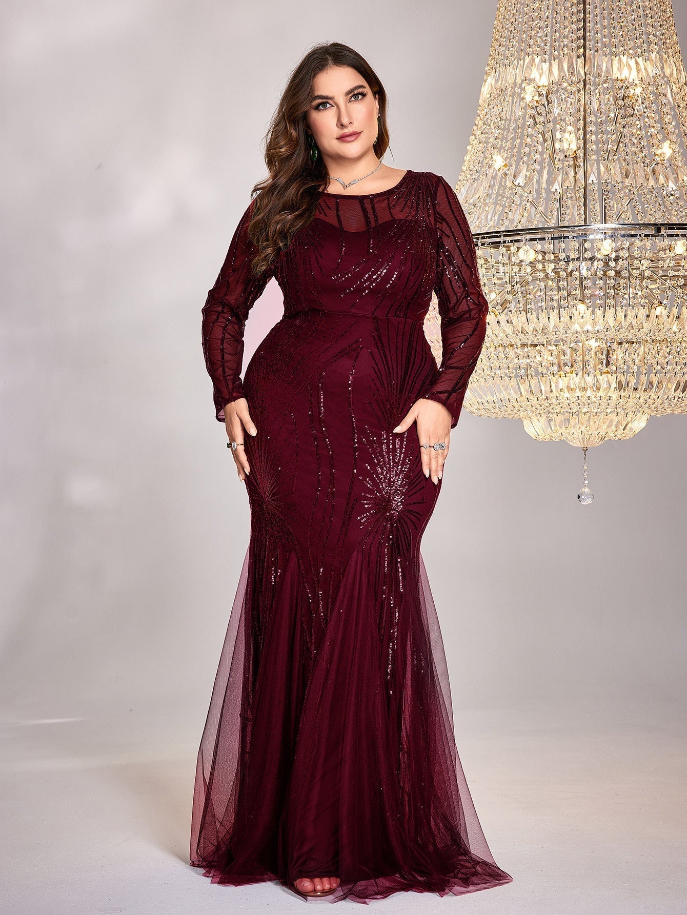 Plus Size Dress Long Sleeve round Neck Slim Fit Fishtail Skirt Bridesmaid Cocktail Evening Dress for Toasting Elegant