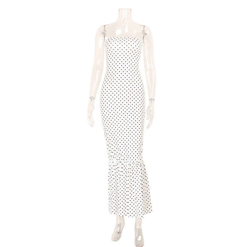 Polka Dot Strapless Bodycon Ruffle Hem Mermaid Maxi Dress 4