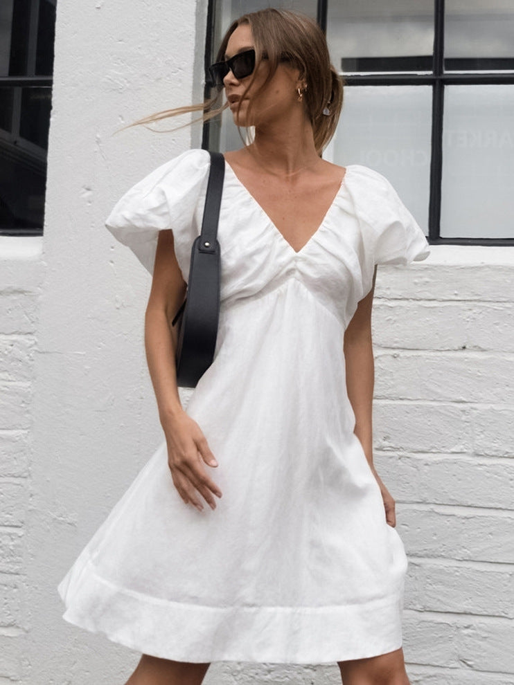 V-Neck Puff Sleeve Ruched Mini Dress Summer